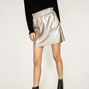 Zara Knit Silver Metallic Mini Pull On Elastic Waist Skirt with Pockets Size S